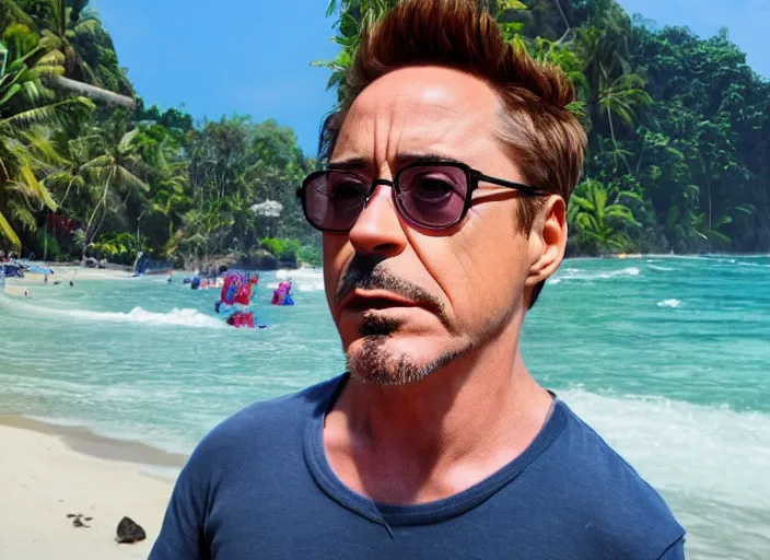 Image similar to a full portrait photo of robert downey jr holiday in bali, f / 2 2, 3 5 mm, 2 7 0 0 k, lighting, perfect faces, award winning photography.