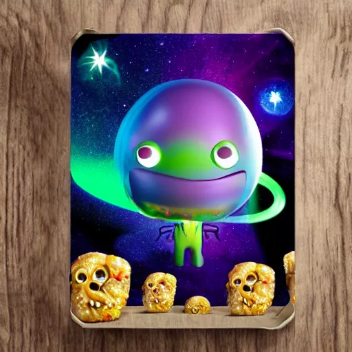 Image similar to a alien cereal box, alternate dimension, product photo, galaxy background