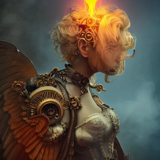 Image similar to pretty blond steampunk seraphim surrounded by lava, 8 k, shallow depth of field, 8 k, ultra high detail, concept art,