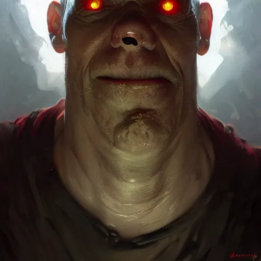 Image similar to portrait of a red bald man with black eyes and a black teeth, horror, glowing eyes, by Stanley Artgerm Lau , greg rutkowski, thomas kindkade, alphonse mucha, loish, norman rockwell. Trending on artstation detailed illustration hd 4k