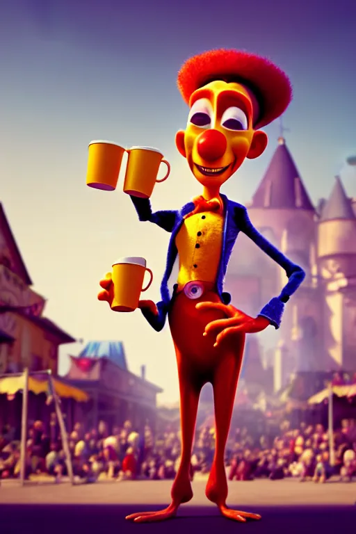 Image similar to portrait of a clown holding a cup of coffee with the circus in background, full body. pixar disney 4 k 3 d render funny animation movie oscar winning trending on artstation and behance. ratatouille style.