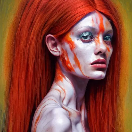 Prompt: high quality detailed portrait of an alien woman with red and white marbled skin, long thick orange hair strands and areas of carapace. Oil painting, beautiful, haunting.