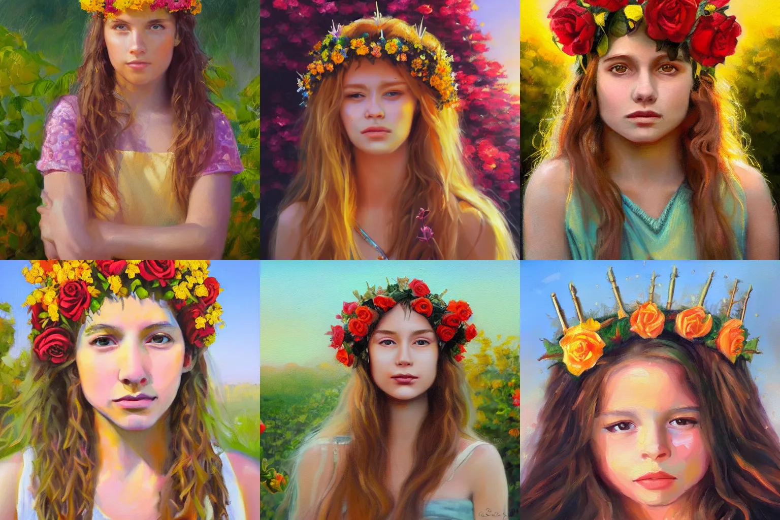 Prompt: young hippie queen in flower and thorn crown in the rose garden portrait painting study, golden sunset, oil on canvas, loose brushwork, extremely detailed, featured trending on artstation