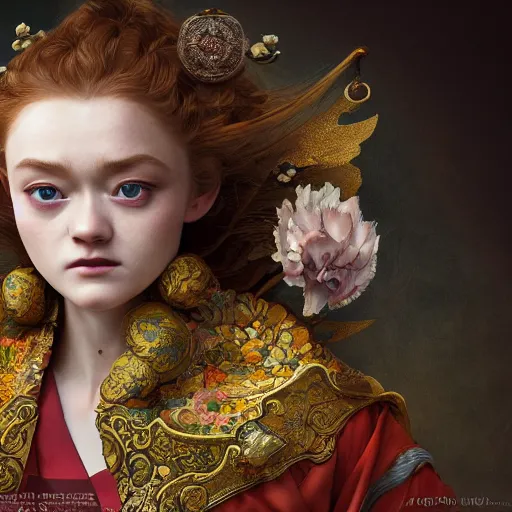 Image similar to a photorealistic dramatic fantasy render of a beautiful woman sadie sink wearing a beautiful intricately detailed japanese monkey kitsune mask and clasical japanese kimono by wlop, artgerm, greg rutkowski, alphonse mucha, epic, beautiful dynamic dramatic dark moody lighting, shadows, cinematic atmosphere, artstation, concept design art, octane render, 8 k