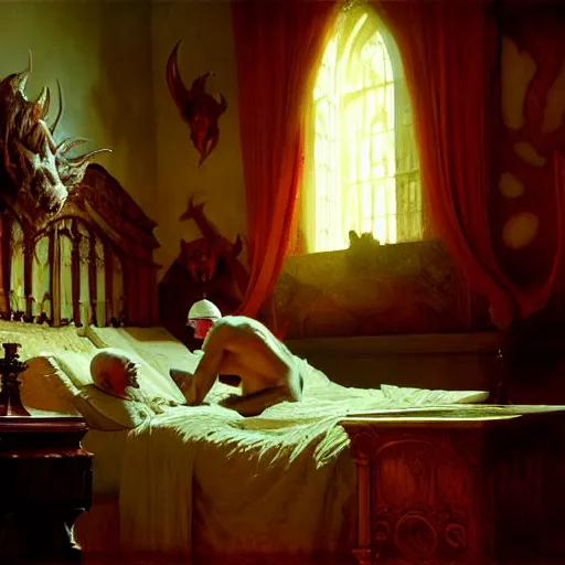 Image similar to the pope is in his bed, terrified, because a double horned shadow demon is in the wallpaper of the bedroom. highly detailed painting by gaston bussiere, greg rutkowski, craig mullins 8 k