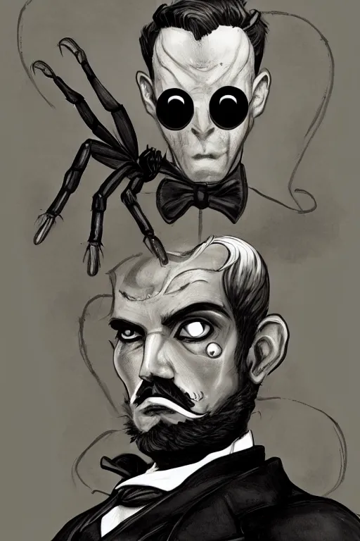 Prompt: a portrait of a handsome spider wearing a monocle and a victorian suit, character art, headshot, trending on artstation