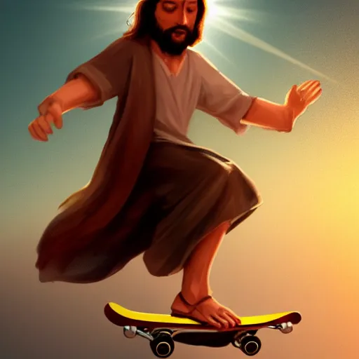 Image similar to photo of jesus christ riding a skateboard, digital art, artstation