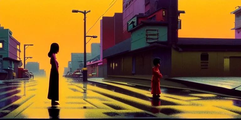 Prompt: an immaculate isometric cinematic keyframe matte painting of the silhouette of a young japanese girl standing in wide wet street 1 9 7 0 s vaporwave rust belt city at dusk with an oversized moon, just after the rain has cleared. by eric lafforgue, glennray tutor and edward hopper, greg rutkowski. trending on artstation.