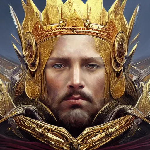 Prompt: Stunning portrait of a warrior king. He wears an intricate golden crown and a red cloak over ornate polished silver armour. He sits on a throne. Epic fantasy art. Highly detailed, digital painting, artstation, concept art, sharp focus, illustration, by greg rutkowski and aleksi briclot and bouguereau