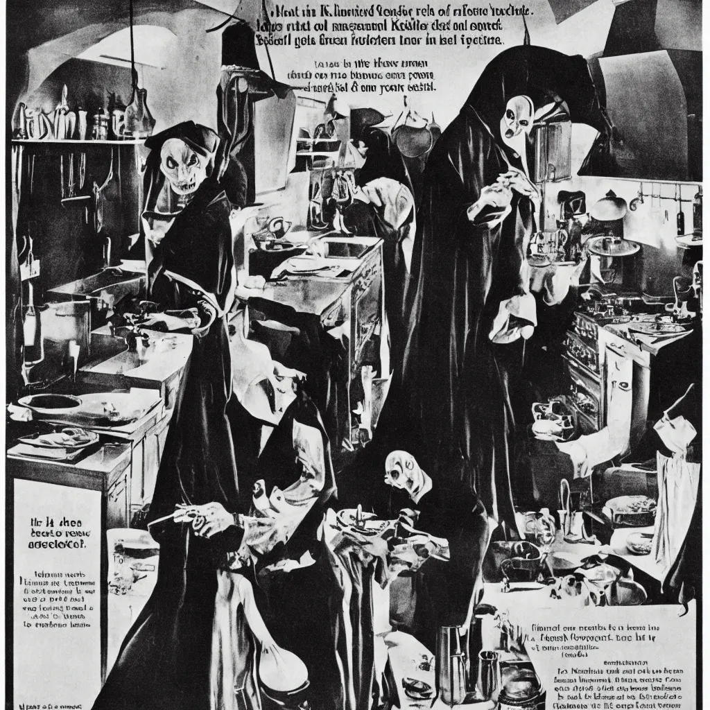 Image similar to nosferatu is cooking in a kitchen, american advertising 1 9 6 0's, photography