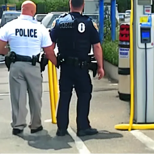 Image similar to Mr. Clean getting arrested by the police at a gas station