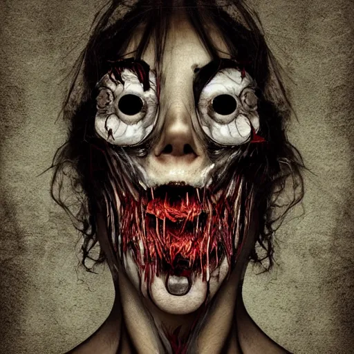 Image similar to face shredded like paper as skin peeling scream, dark, surreal, illustration, realistic horror