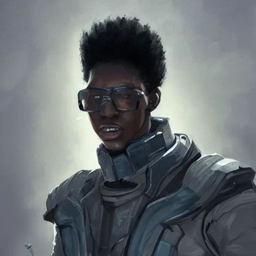 Image similar to portrait of a man by greg rutkowski, he is about 2 0 years old, afrojapanese, afro hair, young, very tall and slender, he is wearing a futuristic police gear, highly detailed portrait, digital painting, artstation, concept art, smooth, sharp foccus ilustration, artstation hq