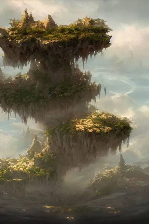 Image similar to a painting of a floating island in the sky, a detailed matte painting by Tyler Edlin, Artstation, fantasy art, 2d game art, matte drawing, concept art