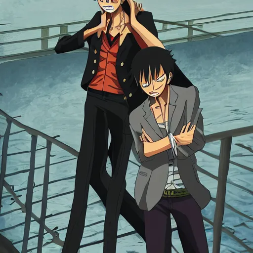 Prompt: two young men, one man human, one man vampire, night, on a bridge, in the style of one piece