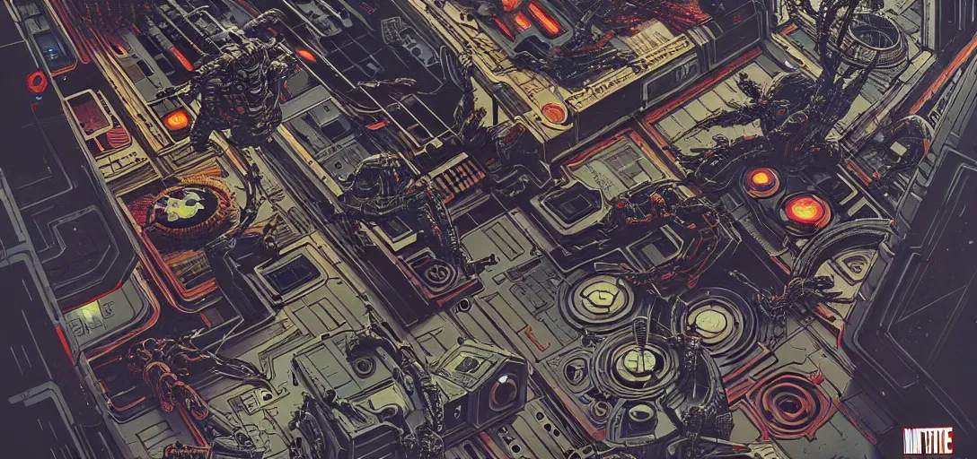 Image similar to cyberpunk mech tiled floor, aerial one point perspective, high details, line art, by vincent di fate and joe fenton, inking, screen print, masterpiece, trending on artstation, sharp,, hyper - detailed, hd, 4 k, 8 k