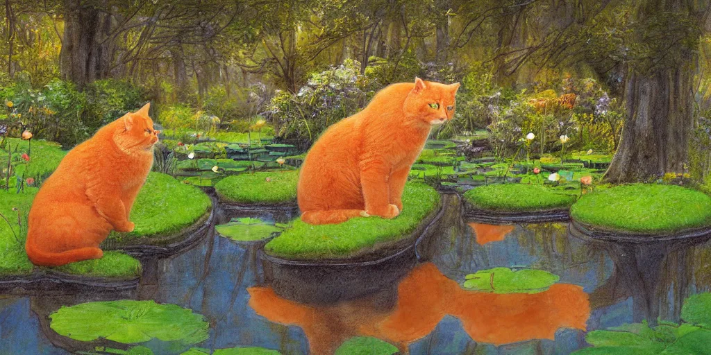 Image similar to a big fat orange cat near a mirror like pond, by alan lee, colorful clothing, springtime flowers and foliage in full bloom, lotus flowers on the water, dark foggy forest background, sunlight filtering through the trees, digital art, art station.