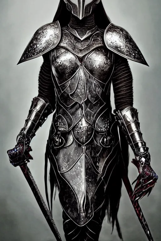 Image similar to head and shoulders portrait of an eldritch knight, drow, dark elf, shadar kai, female, breastplate, magical, high fantasy, d & d, by annie liebovitz, face details, extremely detailed, vogue fashion photo