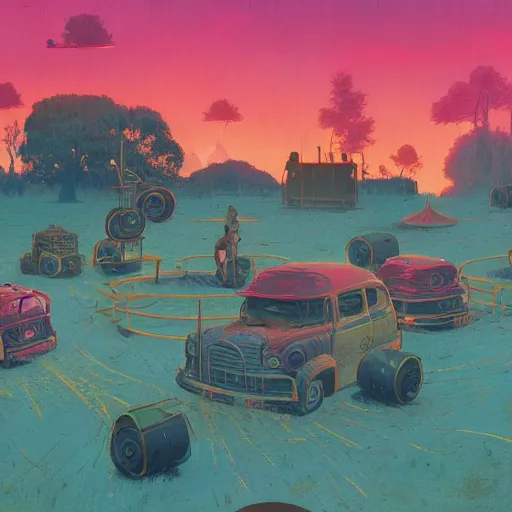 Image similar to A weird circus, by Simon Stålenhag, Makoto Shinkai and Bruce Pennington