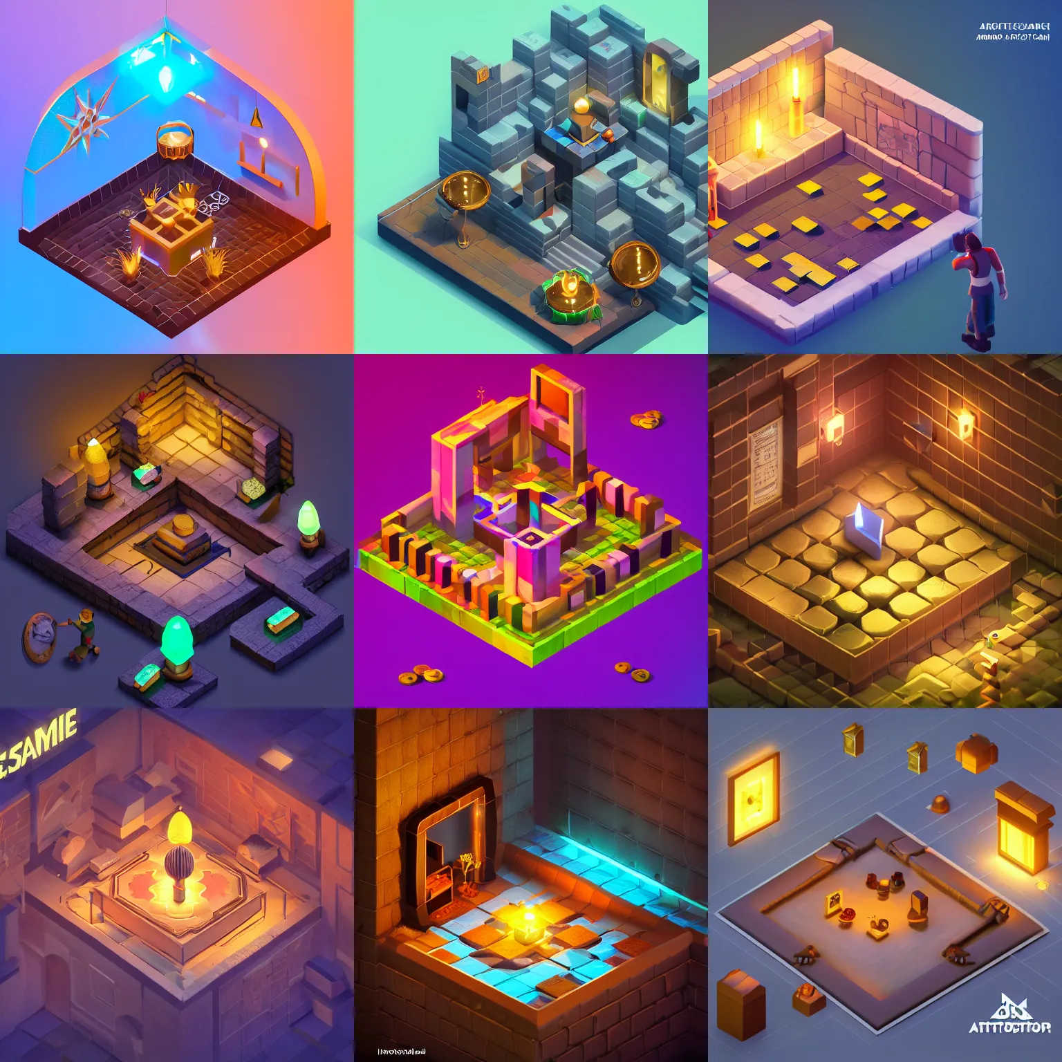 Prompt: isometric game art escape room with treasure, lights with bloom, trending on artstation, Mohamed Chahin style, vray render with ambient lights and volume 4k