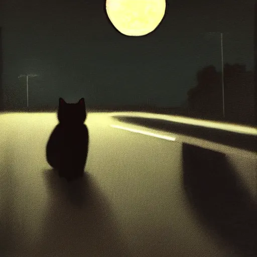 Prompt: a black cat in the middle of a road with streetlight at mid night with the moon in the back. Made by Jason Degraaf, Edward Hopper, Don Eddy. Hyper realistic, unreal 5, artstation, high detail.