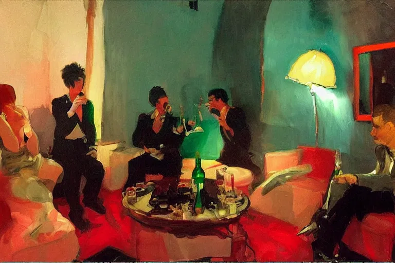 Image similar to glam rockers drinking wine, inside a tiny green room with red lights by joaquin sorolla, greg rutkowski, bill sienckiwicz, extremely detailed