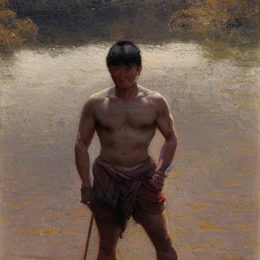 Image similar to asian man by the river, muscular, painted by Gaston Bussiere, Craig Mullins