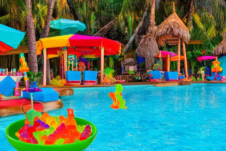 Image similar to poolside Tiki bar made of gummy candy, vacation photo, 55mm