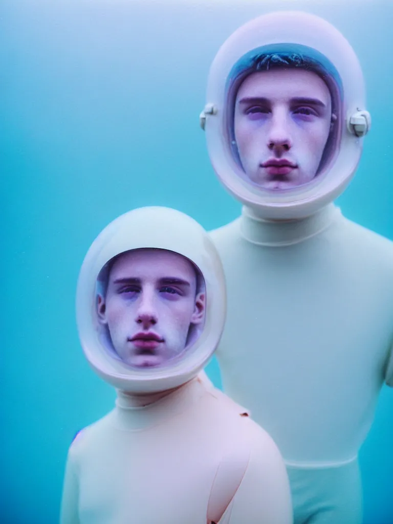 Image similar to high quality pastel coloured film portrait photograph of a beautiful young 2 0 year old male, soft facial features, short hair, perspex space helmet and oversized inflated clothing!! icelandic black rock pool environment. atmospheric three point light. photographic. art directed. ( pastel colours ). volumetric. clearcoat. waves. 8 k. filmic.