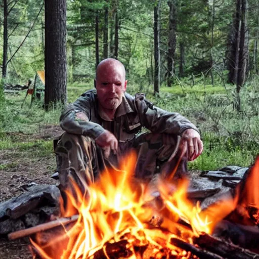 Prompt: veteran special operations officer living off the grid cooking at a campfire