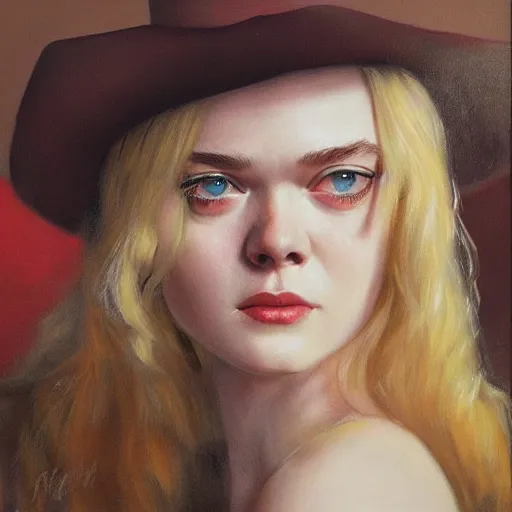 Image similar to ultra realistic portrait painting of elle fanning as a western outlaw, art by frank frazetta, 4 k, ultra realistic, highly detailed, epic lighting