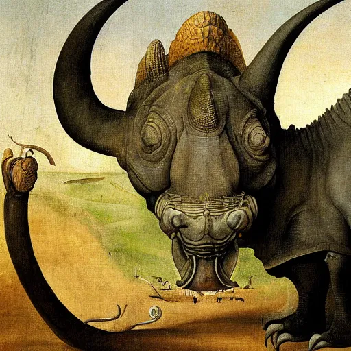 Image similar to Stunning painting of a triceratops by Hieronymus Bosch, high detail