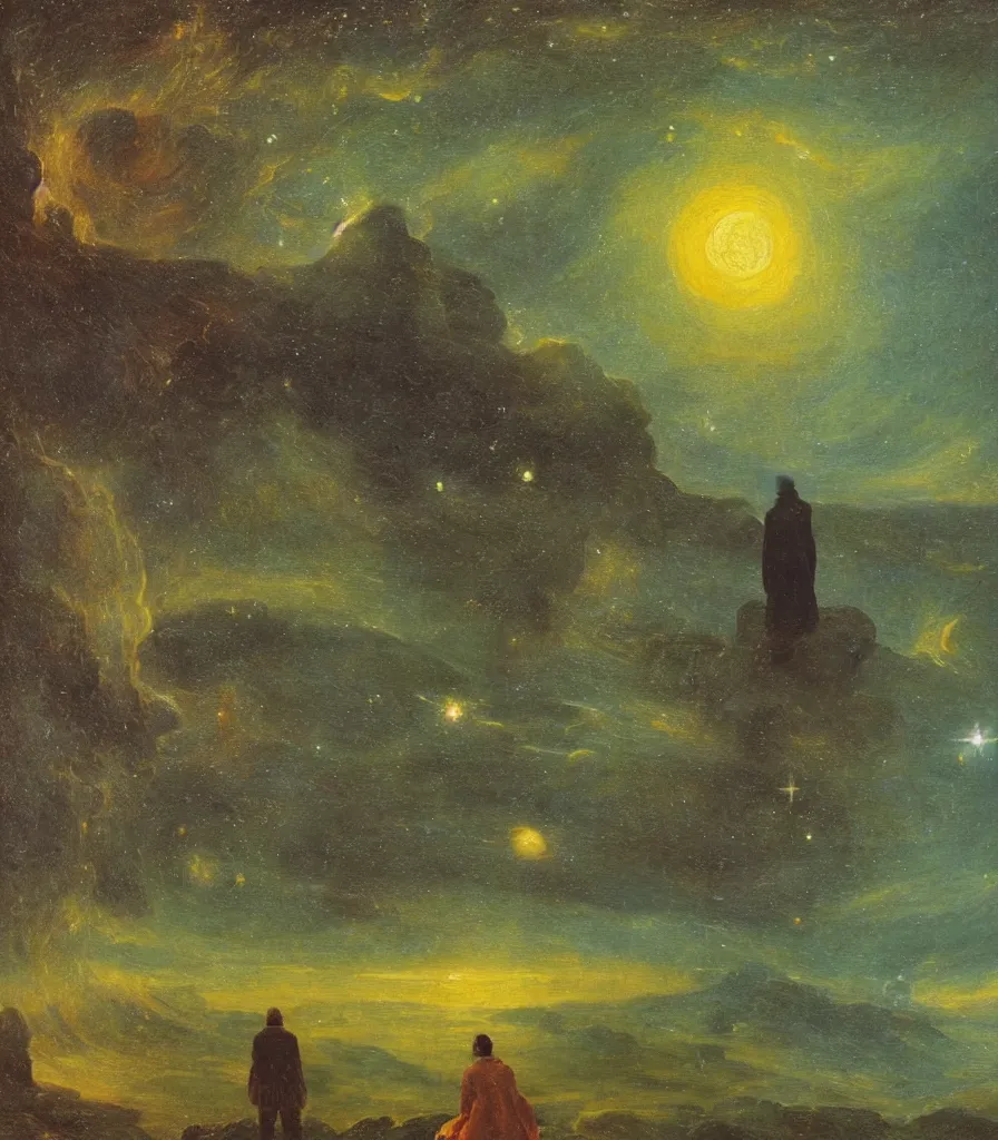 Image similar to an impasto oil painting of a futuristic wanderer gazing into a the universe painted by caspar david friedrich, light colors, starts, galaxy, impressionism