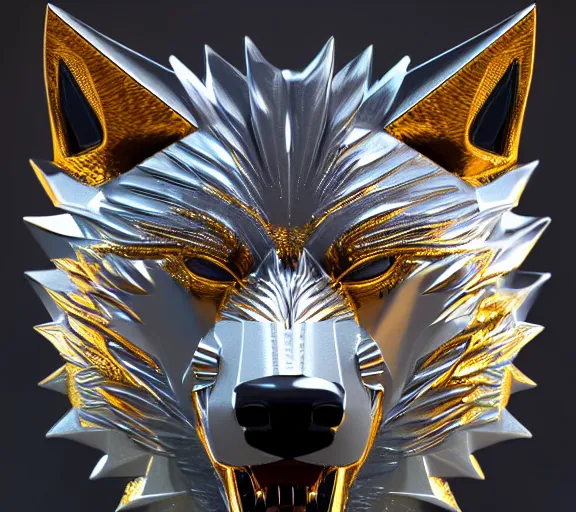 Image similar to chrome and gold wolf, glossy, metallic, neon, symmetrical, tribal patterns, realistic, unreal engine, octane, redshift, artstation, behance