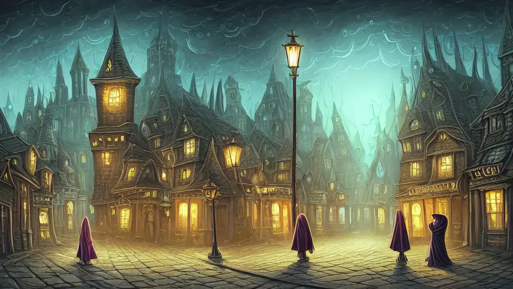 Prompt: lady dressed in long hooded cloak walks in empty lovecraftian town square surrounded by houses and inns. cthulhu statue. lovecraftian city at night by cyril rolando and naomi okubo and dan mumford and ricardo bofill. lovecraft. cobbled streets. oil lamp posts. lovecraftian. starry night swirly sky.