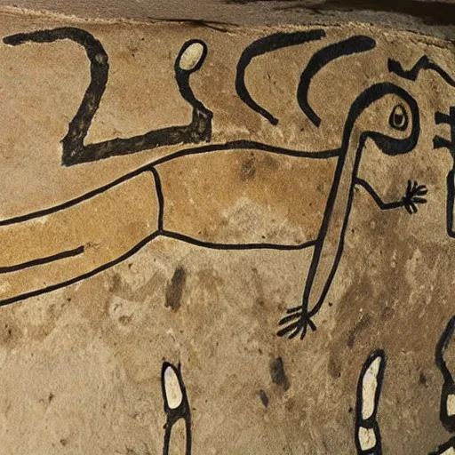 Prompt: a neolithic cave painting of the Geico Lizard