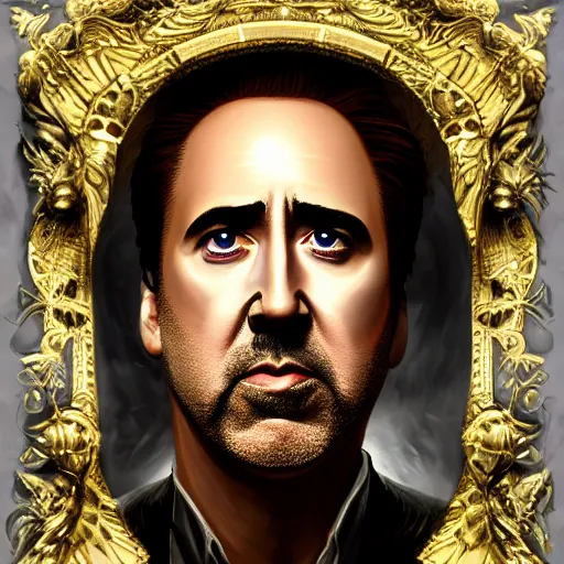 Prompt: a detailed digital art of an occult nicholas cage, 8k, ornate, award winning art, cgsociety, artstation, deep focus