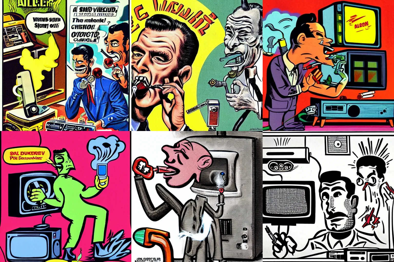 Prompt: a subgenius smoking a pipe, getting an electric shock fixing a television and seeing an alien on the tv. vibrant, detailed, color. 1 9 5 2