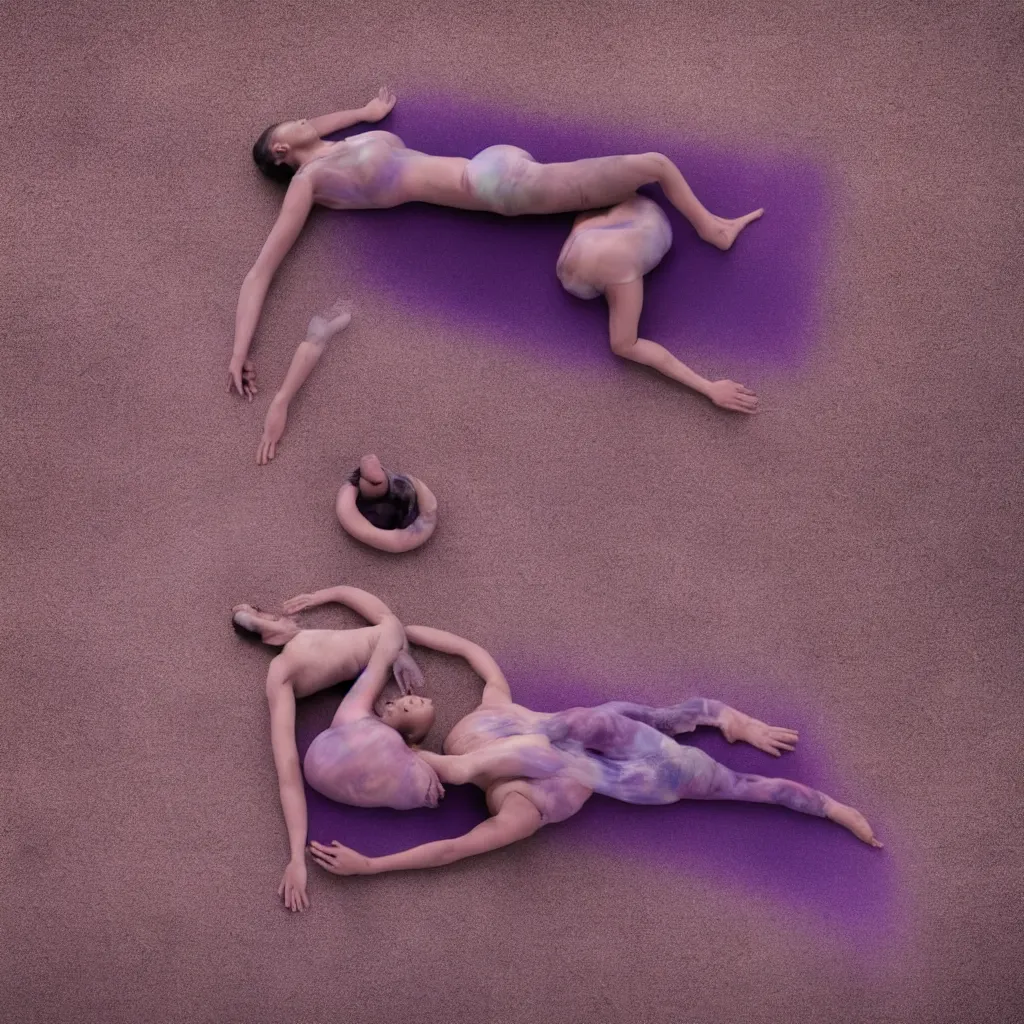 Prompt: overhead view of iridiscent oil spill in desert sand tempest with women corpses connected by cables and computers to wax forms to a buried baby relaxing on yoga mat, faded, purple gradient, dust, purple fog, depth of field, by werner herzog, hans bellmer and nadav kander, 8 k, sad atmosphere, cinematic