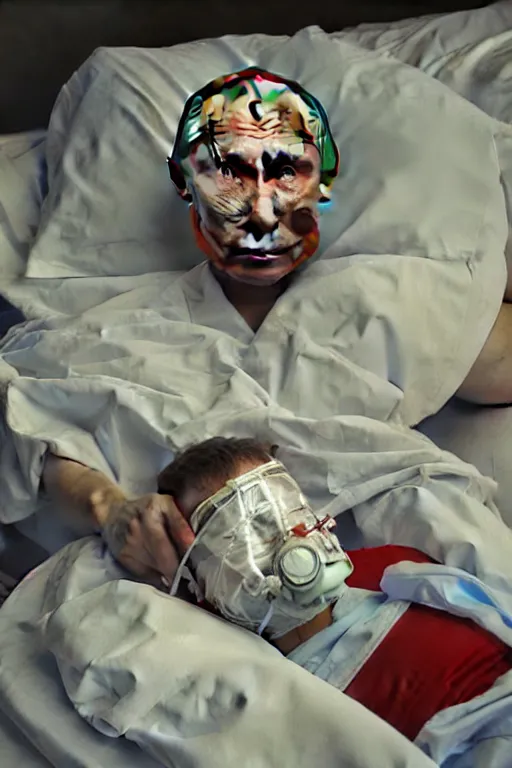 Prompt: a super very hyperrealistic oil painting of ill Vladimir Putin as a patient wearing an oxygen mask on a death bed inhaling from Copium tank that stand near his bed, visible face, fantasy, intricate, elegant, highly detailed, digital painting, artstation, concept art, smooth, sharp focus, illustration and alphonse mucha