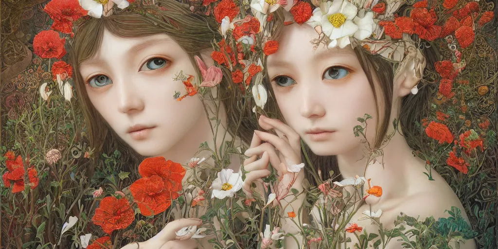 Prompt: breathtaking detailed weird concept art painting of the goddess of poppy flowers, orthodox saint, with anxious, piercing eyes, ornate background, amalgamation of leaves and flowers, by hsiao - ron cheng and john james audubon and miho hirano, extremely moody lighting, 8 k