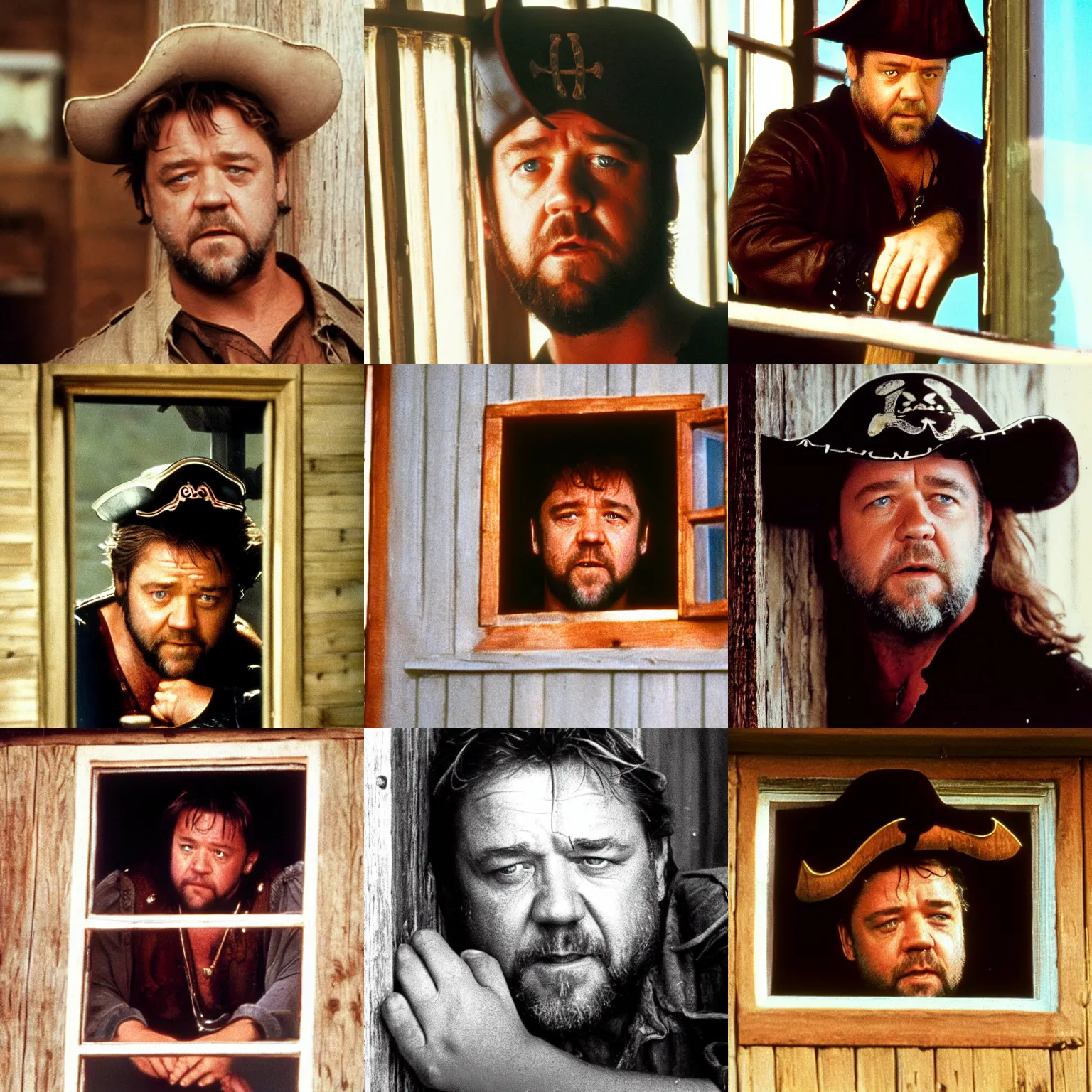 Prompt: russell crowe ( 1 9 9 0 ) with large pirate hat peering out concerned down to camera from a small glass window in a wooden wall