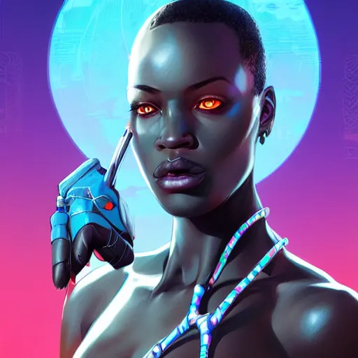 Image similar to african cyberpunk huntress, science fiction, highly detailed, digital painting, beautiful eyes, symmetry, concept art, sharp focus, illustration, global illumination, radiant light, synthwave colors, detailed and intricate environment, art by artgerm and greg rutkowski and magali villeneuve and ilya kuvshinov!