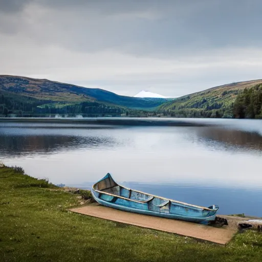 Prompt: a cinematic shot of an old blue rowing boat at the side of a still lake with the reflection of the trees and scottish mountains visible reflecting in the water and a large house barely visible in the distance on the opposite side of the water through a gap in the trees