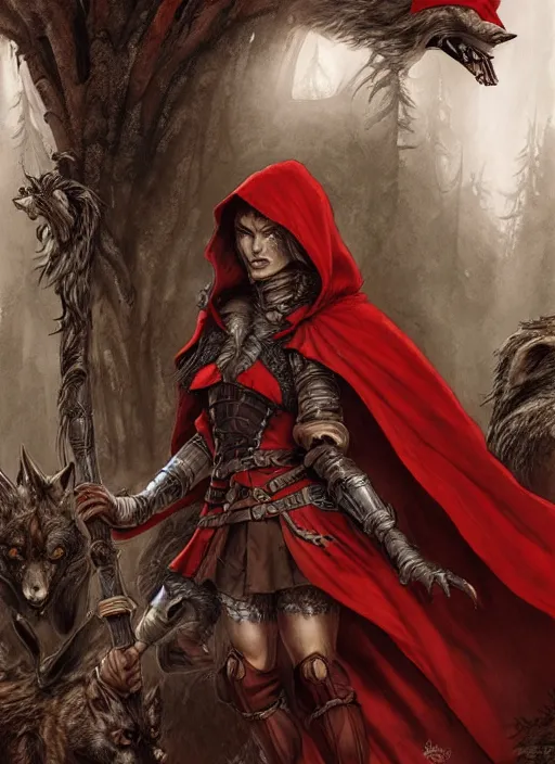 Prompt: digital _ picture _ little red riding hood, the wolf slayer _ filipe _ poles _ and _ justin _ gerard _ symmetrical _ fantasy _ very _ detailed _ realistic _ complex _ clear focus