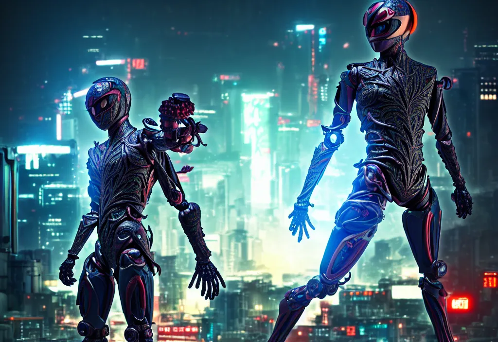 Image similar to kamen rider action pose, human structure concept art, human anatomy, full body hero, intricate detail, hyperrealistic art and illustration by irakli nadar and wlop and alexandre ferra, global illumination, blurry and sharp focus, on tokyo cyberpunk night rooftop, frostbite engine