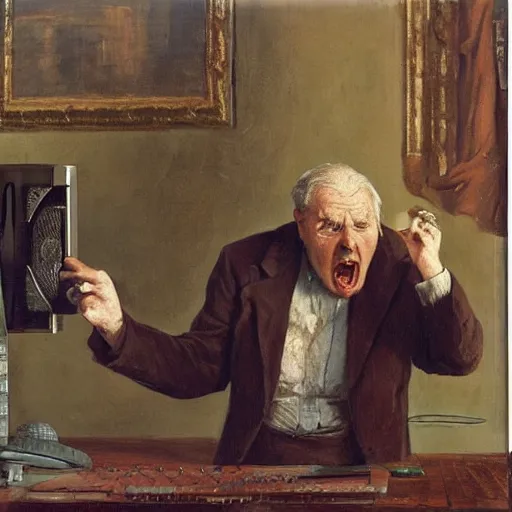 Image similar to an angry man yells at his computer monitor, oil on canvas, 1 8 8 3, highly detailed