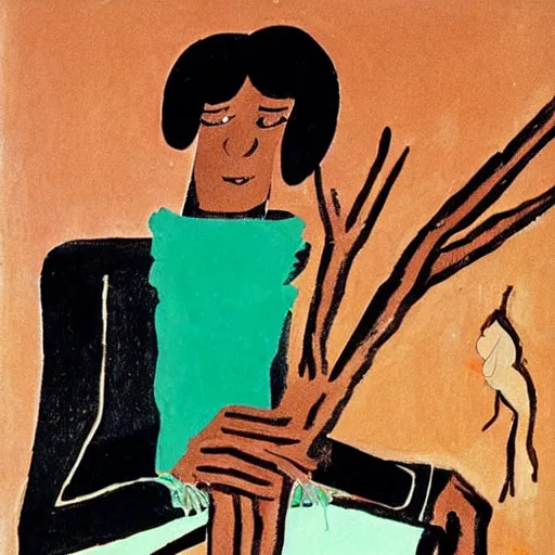 Prompt: female homeless millionaire, in expensive clothes hold a small tree in both hands, by Jacob Lawrence and Henry Taylor clean, detailed, award winning