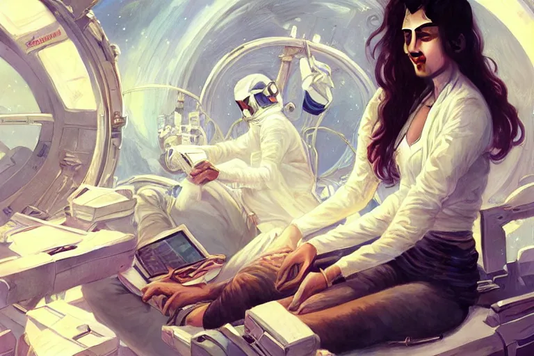 Prompt: Sensual good looking pale young Indian doctors wearing jeans in a space station above Earth performing surgery, portrait, elegant, intricate, digital painting, artstation, concept art, smooth, sharp focus, illustration, art by artgerm and greg rutkowski and alphonse mucha
