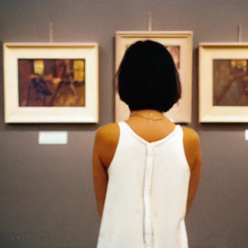 Prompt: wide - shot low - angle photo of woman taking selfie in the museum, painting by pollock on background, polaroid photo